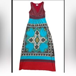 Maggy London Size 8 Red And Teal Geometric Sleeveless V-Neck Maxi Boho Dress